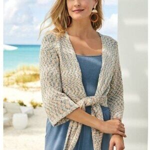 Soft Surrounding Wrap Tie Knit Cardigan Sweater Blue Cream XL bohemian leisure